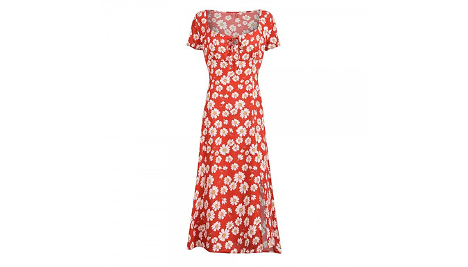 Floral Print Square Neck Short Sleeve Midi Dress - 2 Colours & 4 Sizes at Go Groopie