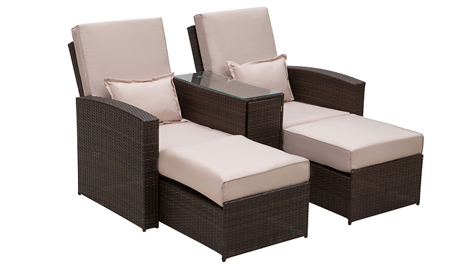 2-Seater Rattan Sofa Lounger Set - Brown