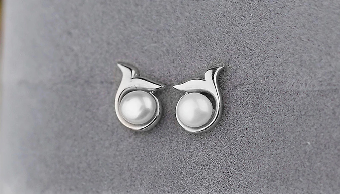 Sterling Silver Faux Pearl Fish Tail Stud Earrings - 2 Colours