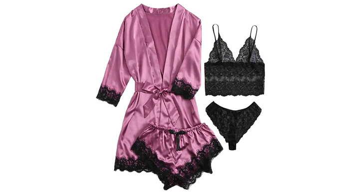 4-Piece Satin & Lace Sexy Pyjama Set - 3 Colours & 4 Sizes