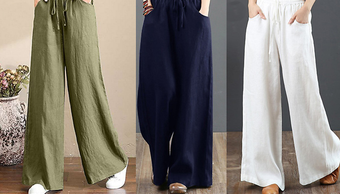 Drawstring High-Waist Cotton Linen Trousers - 4 Sizes & 8 Colours