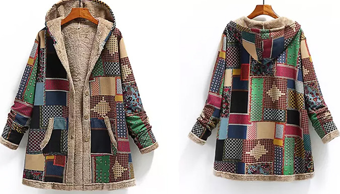 Patchwork Fleece-Lined Boho Hooded Jacket - 4 Colours & 8 Sizes