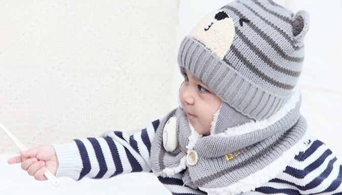 Baby Bear Knitted Fleece Lined Hat & Scarf Set – 5 Colours Deal Price £7.99