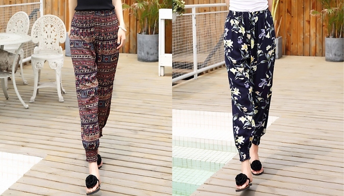 Women's Printed Cotton Trousers with Elasticated Waist - 4 Styles, 5 Sizes