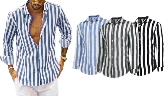 Men's Long-Sleeve Striped Shirt - 3 Colours, 6 Sizes!