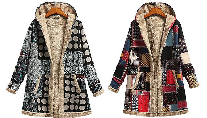 Go Groopie Cool For Deal Patchwork Fleece-Lined Boho Hooded Jacket - 3 Colours & 8 Sizes