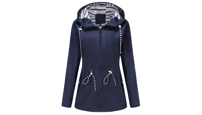 Women's Hooded Longline Raincoat with Striped Lining