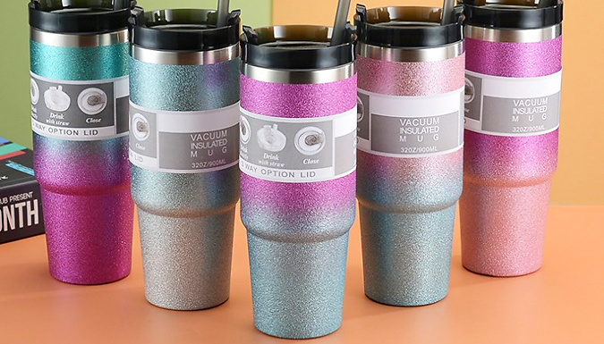 Stainless Steel Insulated Sparkle Tumbler with Straw - 5 Styles