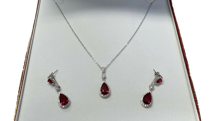 White Gold Finish Recreated Ruby Drop Earrings and Necklace