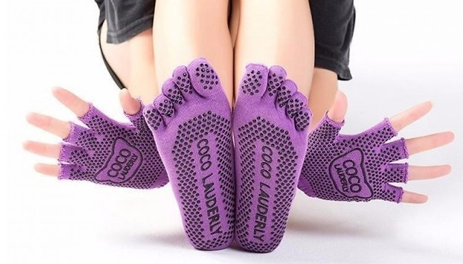 1 or 5 Yoga Anti-Skid Socks & Gloves Sets- 5 Colours & 2 Options