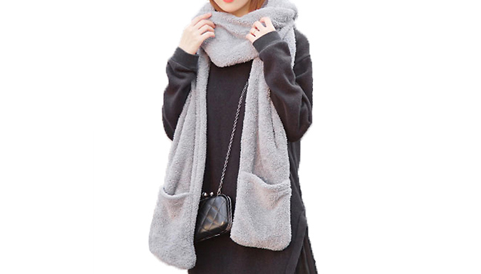 3-in-1 Fleece Hooded Scarf with Gloves - 4 Colours