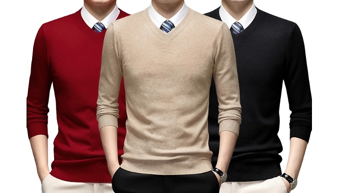 Men's Solid Colour V-Neck Knit Sweater - 6 Colours