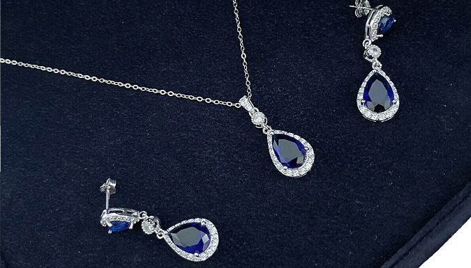 White Gold Finish Simulated Sapphire Drop Earrings and Necklace