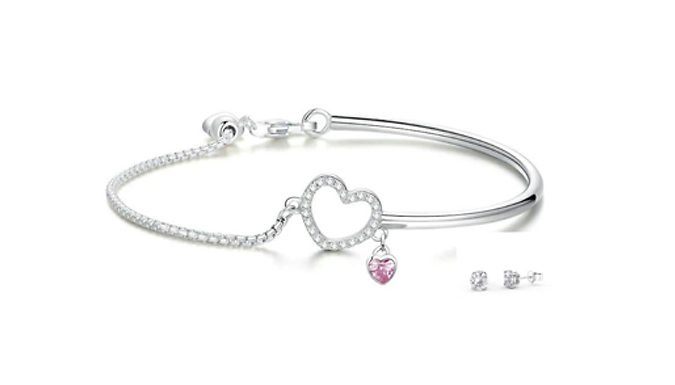 One Heart Bracelet & Earring Set - Silver and Rose