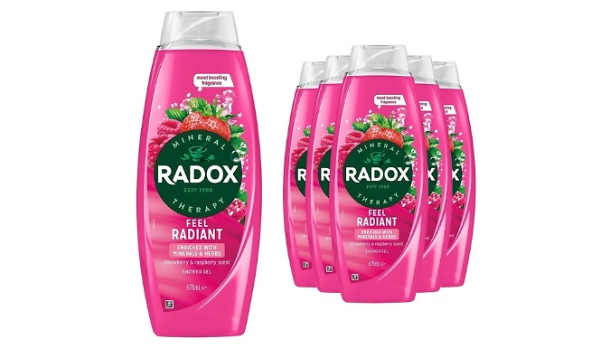 6 Pack of Radox Mineral Therapy Feel Radiant Shower Gel - Strawberry & Raspberry Scent!
