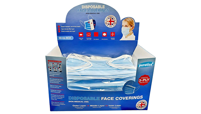 50-Pack of Puratise Disposable 3-Ply Face Covers