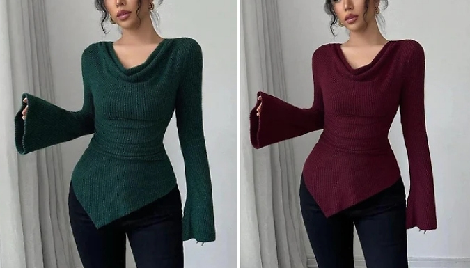 Off-Shoulder Ribbed Knit Asymmetrical Top - 5 Colours, 5 Sizes!