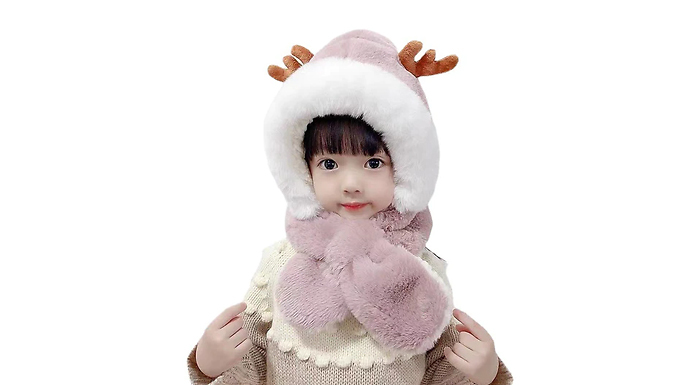 Kids 2-in-1 Plush Hat Scarf with 3D Antlers - 4 Colours