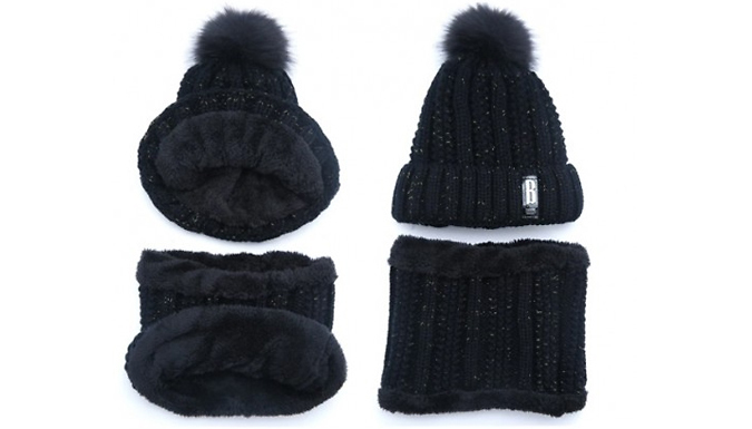 Knitted Plush Lined Hat & Circle Scarf Set - 5 Colours