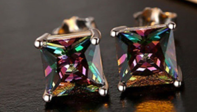 Square-Cut Black Mystic Rainbow Stud Earrings