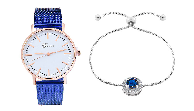 Quartz Watch & Simulated Sapphire Bracelet Set - 2 Colours
