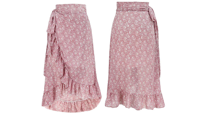 Women's High-Waisted Floral Print Wrap Midi-Skirt - 3 Colours & 4 Sizes at Go Groopie