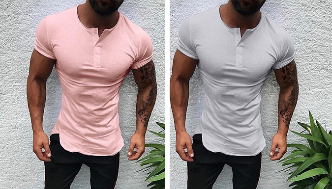 Solid Colour Short Sleeve Neck Button T-shirt – 5 Sizes & 4 Colours Deal Price £7.99