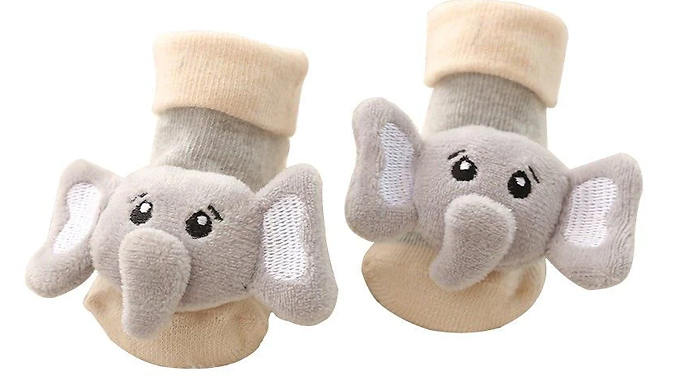1, 3, or 4 Pairs of Anti-Slip Newborn Rattle Socks - 4 Designs & 2 Sizes