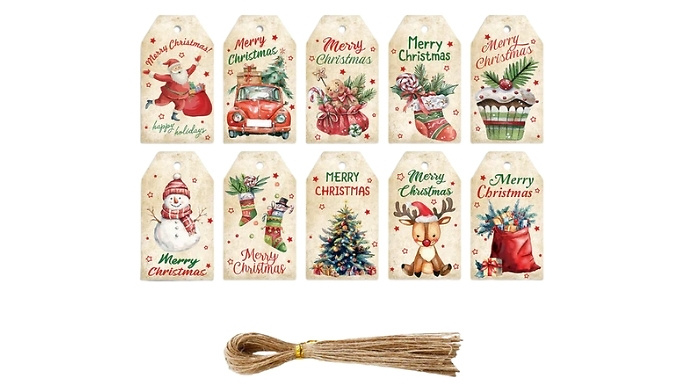 50-Pack of Christmas Gift Tags with Rope Ties - 3 Tag Styles, 2 Rope Tie Colours!