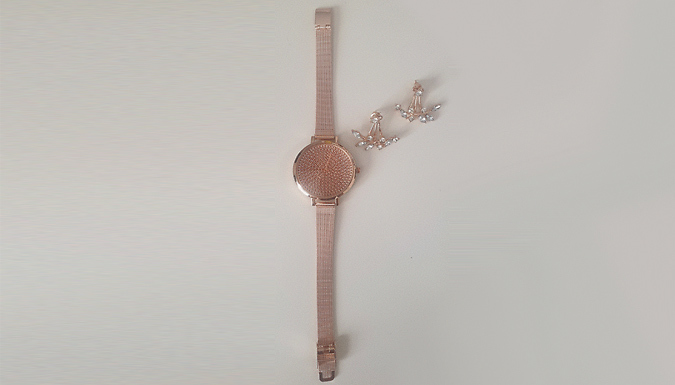 Rose Gold Disco Glitter Watch With Leaf Earrings