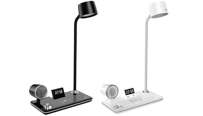 4-in-1 Desk Lamp with Speaker, Clock & Wireless Charger - 2 Colours!