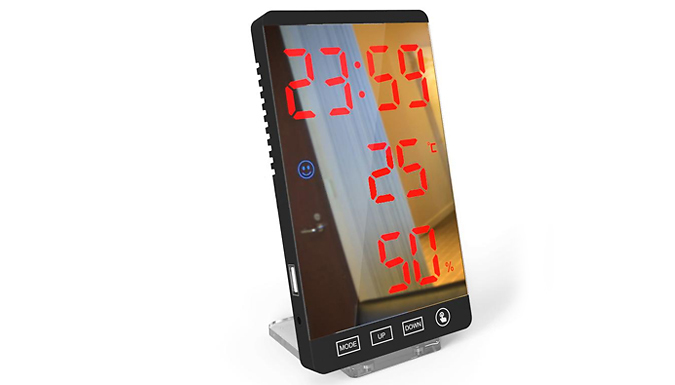 Temperature & Humidity Display LED Mirror & Alarm Clock - 5 Colours