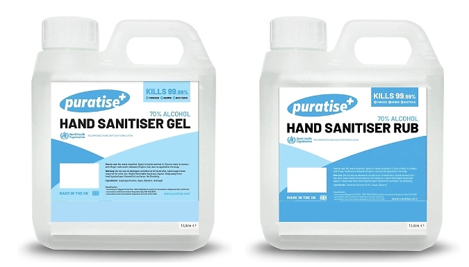 1 or 5-Litre Puratise Hand Sanitiser Rub or Gel - with Optional Pelican Pump!