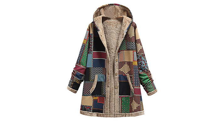 Patchwork Fleece-Lined Boho Hooded Jacket - 3 Colours & 4 Sizes