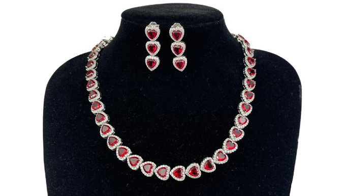 Red Heart Created Diamonds Necklace and Earrings