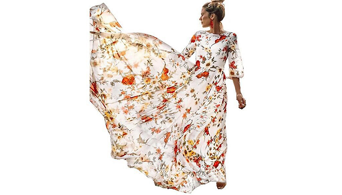 Floral Printed Long-Skirt Chiffon Dress - 5 Sizes