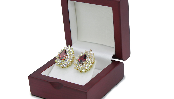 Red Gem Yellow Gold Finish Created Diamond Stud Earrings