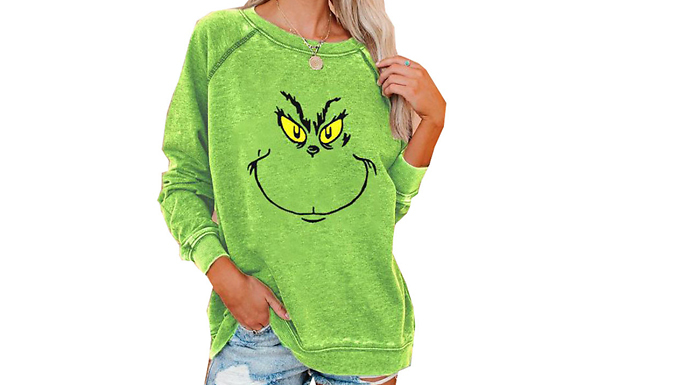 'Grinch Themed' Round Neck Long Sleeve Top - 2 Designs & 6 Sizes