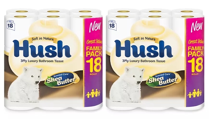 18, 36, 54 or 72 Rolls of Hush Shea Butter Toilet Paper