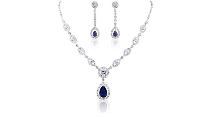 White Gold Pear Cut Earrings and Necklace Created Diamond Set