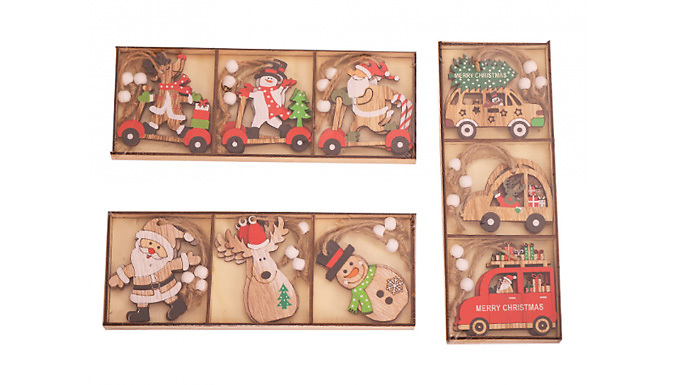 9-Pack of Wooden Christmas Decorations - 3 Styles