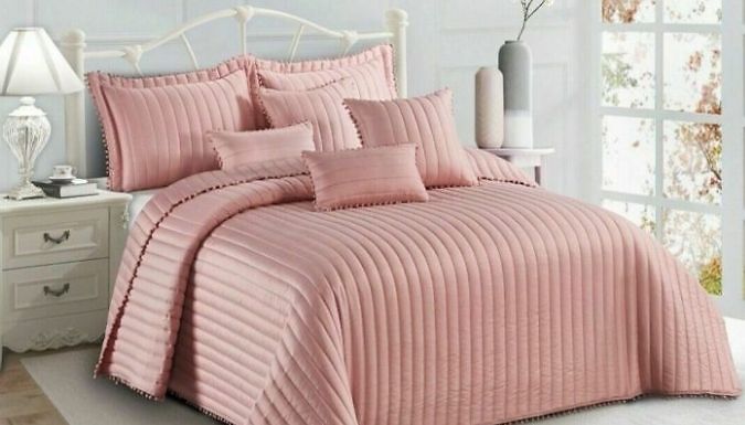 3-Piece Quilted Pom Pom Bedspread & Pillow Sham Set - 8 Colours, 4 Sizes