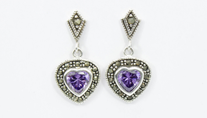 Purple Gemstone & Created Diamond Heart Drop Earrings