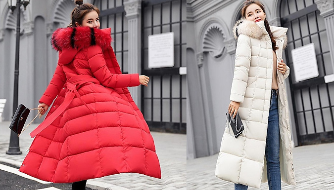 Women's Extra-Long Padded Coat with Faux-Fur Hood - 6 Colours & 4 Sizes