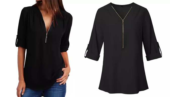 Casual Zip V-Neck Chiffon Blouse - 5 Colours & 6 Sizes at Go Groopie