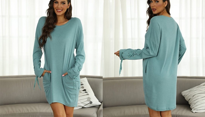 Round Neck Long Sleeve Tie Detail Dress - 3 Colours & 4 Sizes from Go Groopie IE