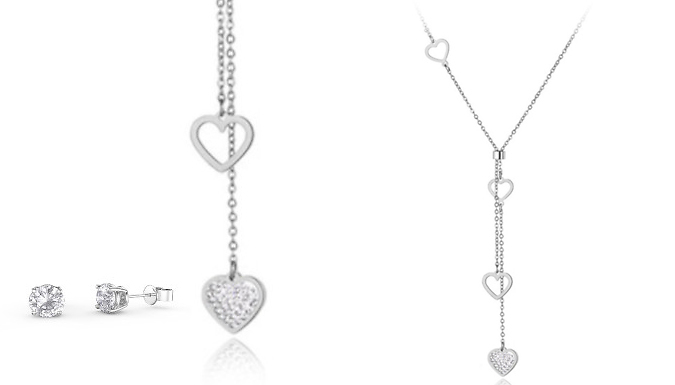 Crystal Drop Heart Pendant & Earring Set - 2 Colours