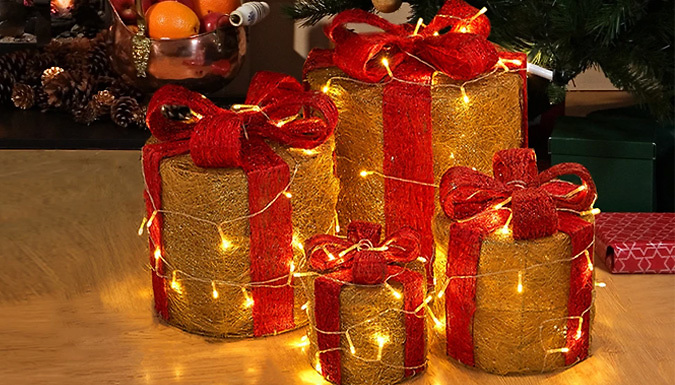 Set Of 4 LED Light Up Festive Christmas Gift Parcel Box Set Decoration - 7 designs