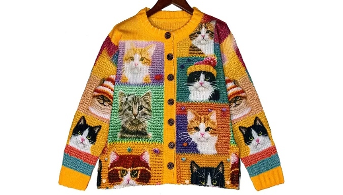 Women's Cat Patchwork Knitted Cardigan - 5 Sizes!