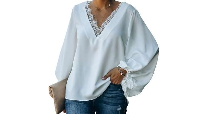 Lace V-Neck Bishop Sleeve Top - 2 Colours & 4 Sizes